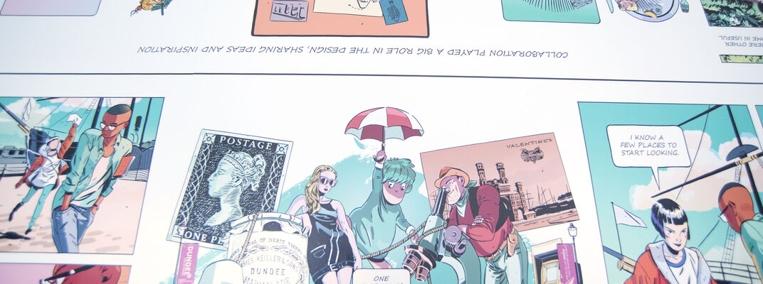 A closely cropped image of a comic depicting a visit to Dundee.  In the centre of the panel is a number of illustrated Dundee icons including a penny black stamp, a girl from Grant Theft Auto, Lemings, Desperate Dan and Keillors Marmalade 