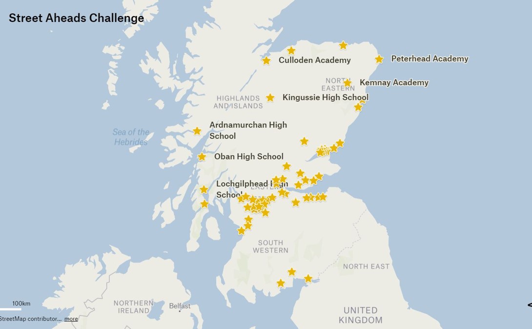 A map of Scotland with pins on all the schools that are taking part in the Streets Ahead Design Challenge