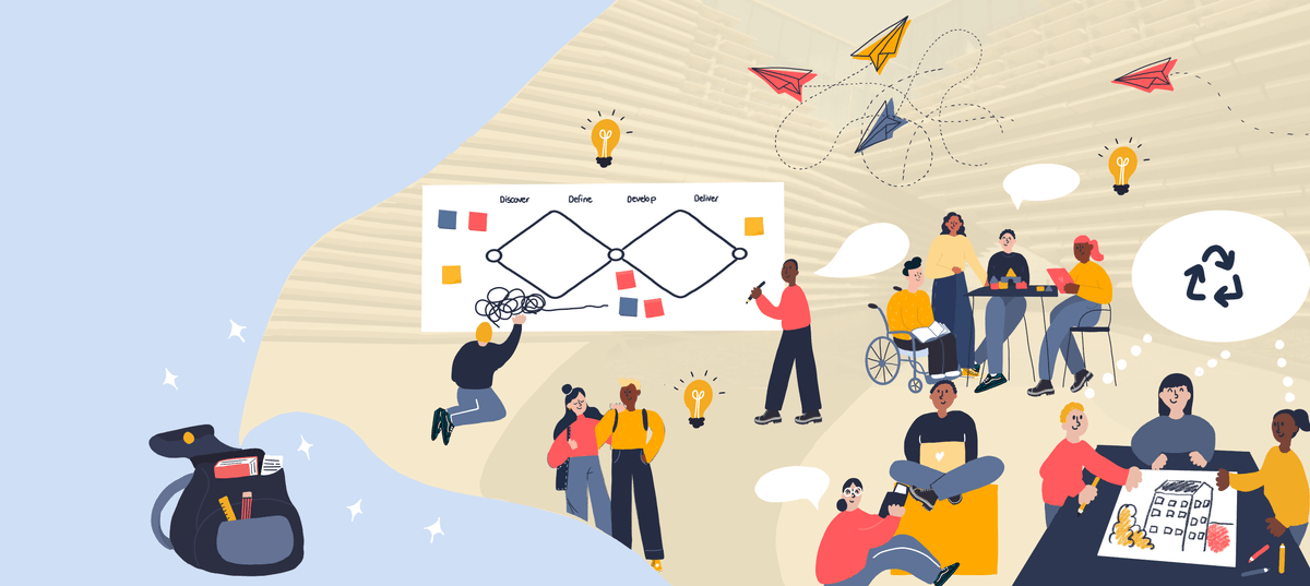 An illustration of teams of people working on a design challenge