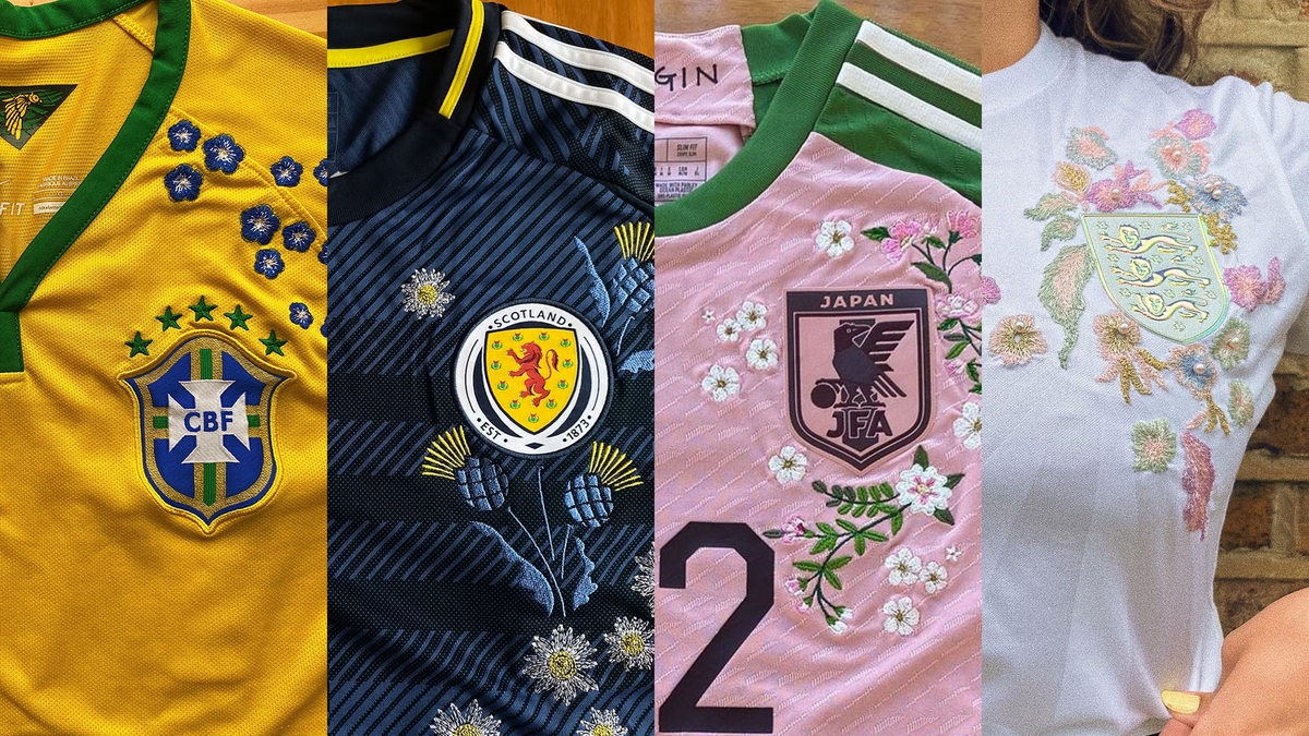 Four football jerseys with floral embroidery representing Brazil, Scotland, Japan, and England.