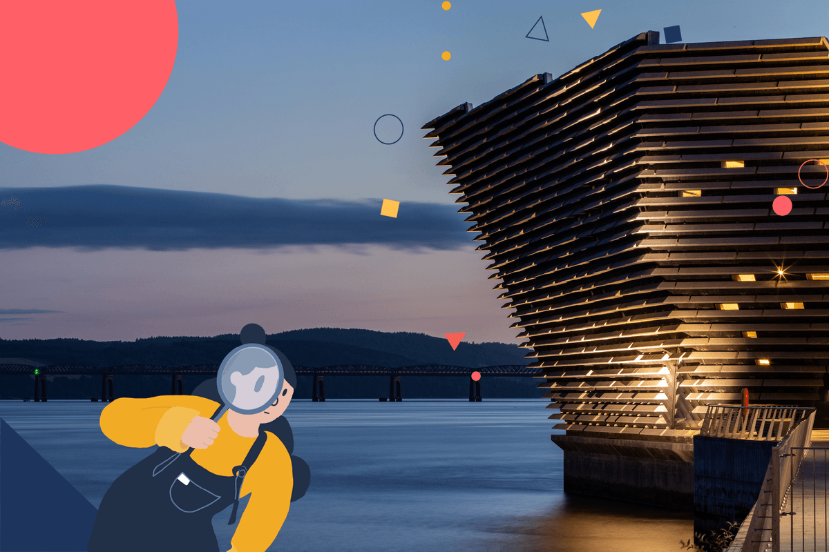 V&A Dundee with an illustration of a girl with a magnifying glass
