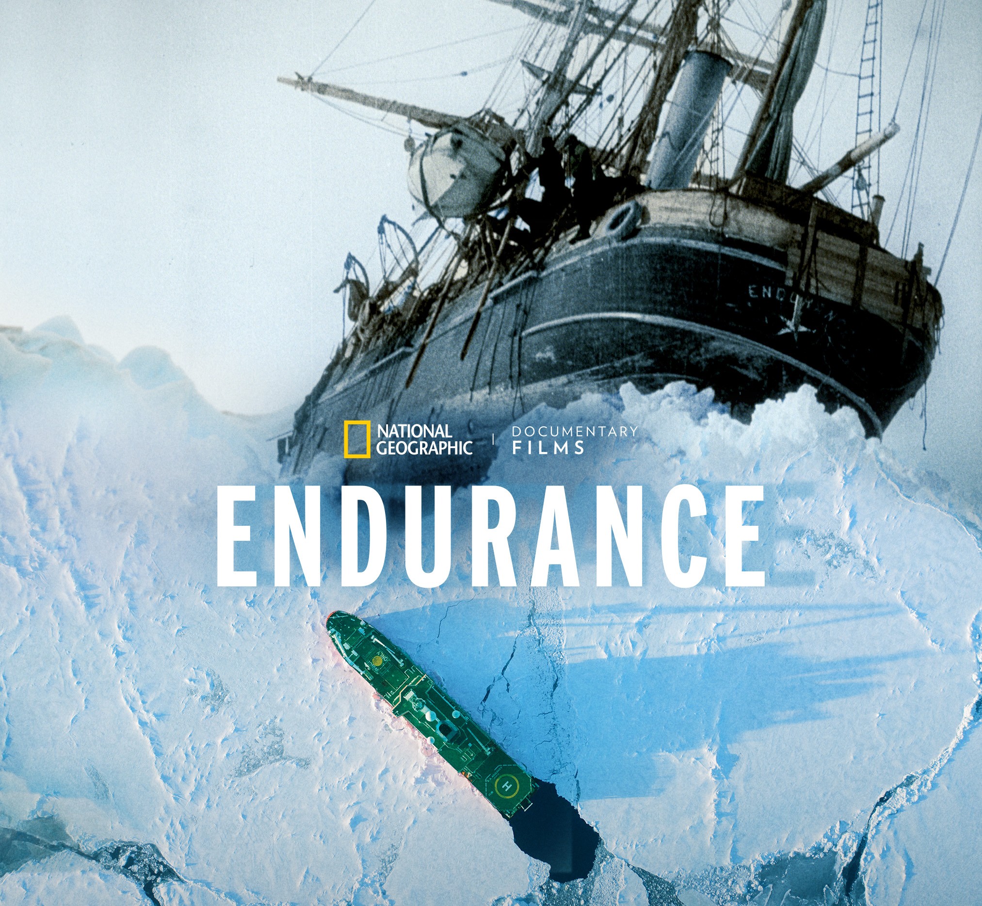 Historic ship trapped in ice with overlay text reading "Endurance," promoting a National Geographic documentary.