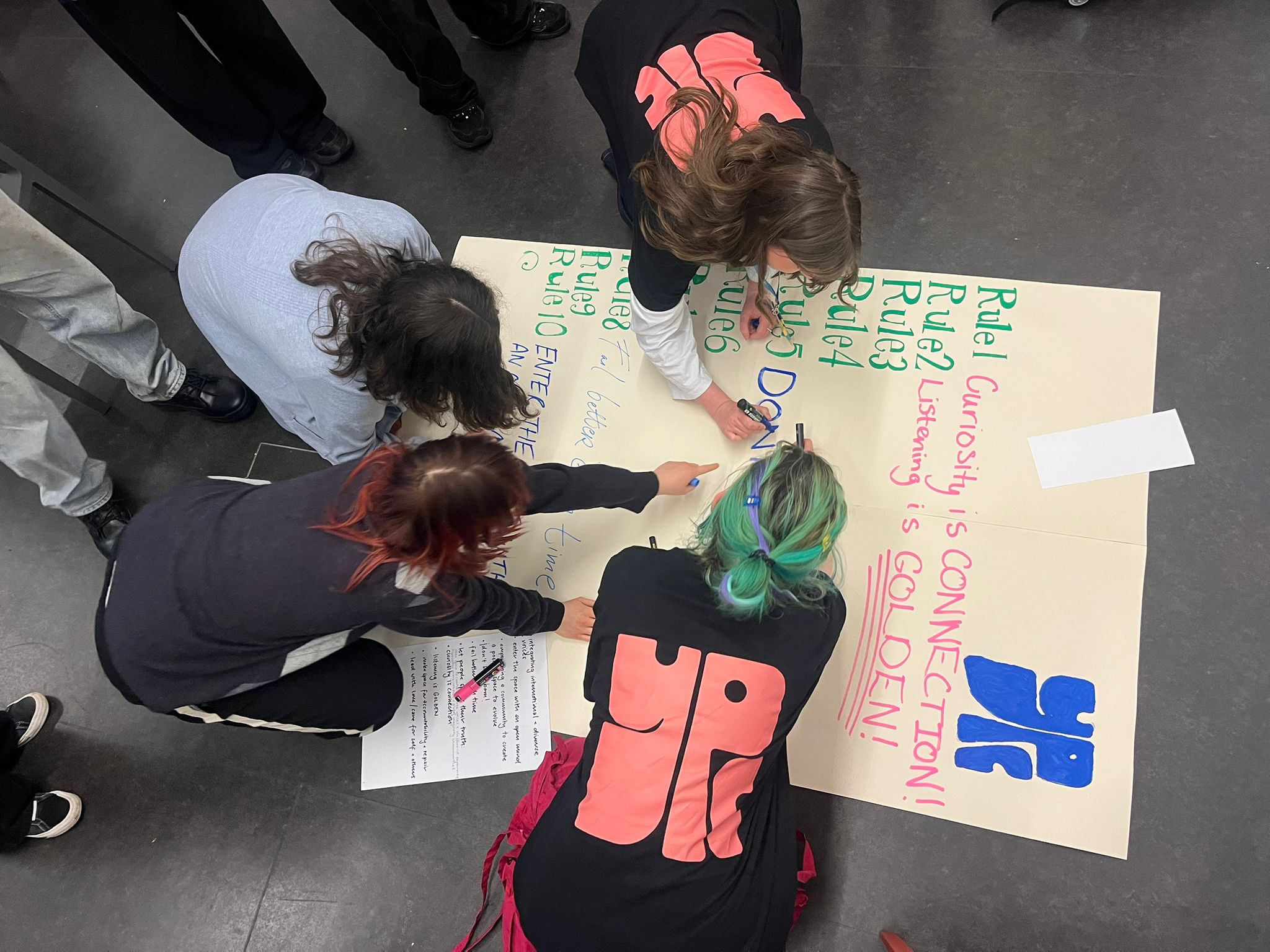 Five people collaborate on a large paper with handwritten notes and rules. They're gathered on a dark floor, focusing intently on their task.