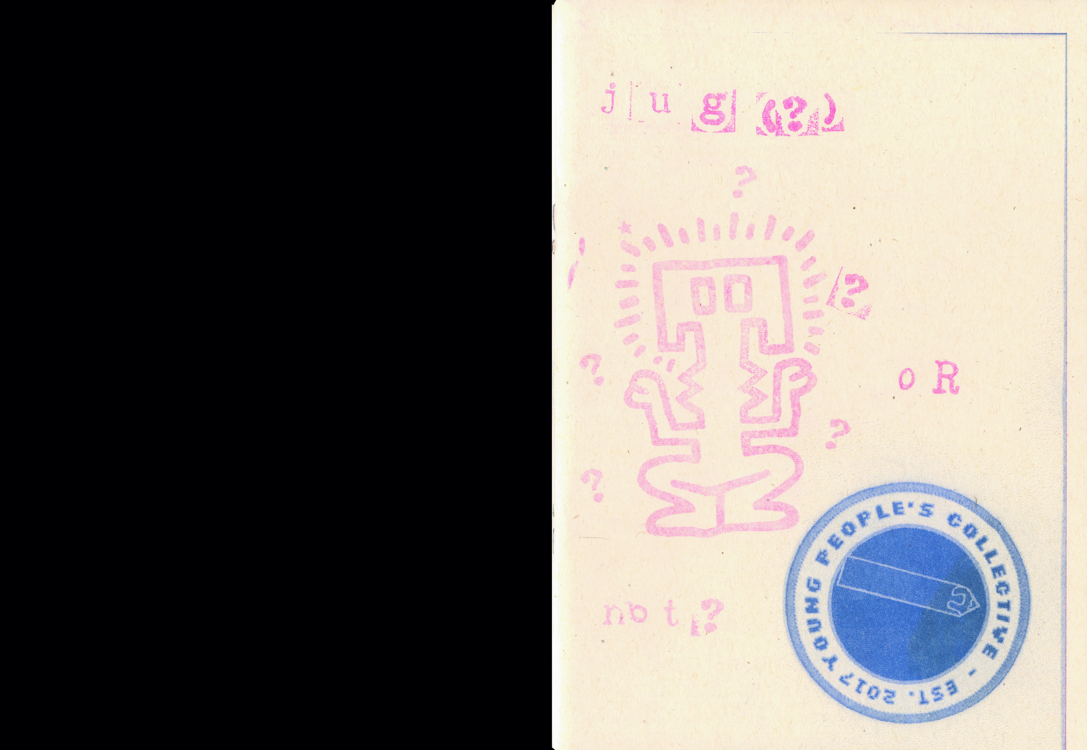 A zine with bright blue and pink colours