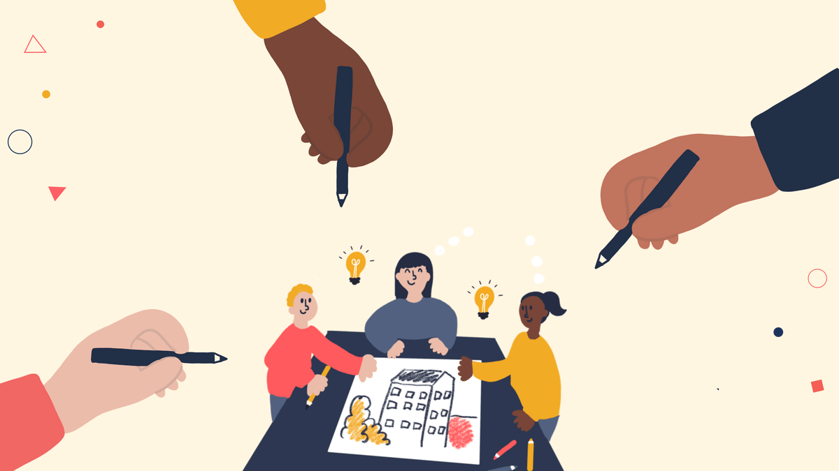 Illustration of three people designing together