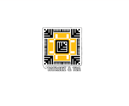 Geometric design with a yellow and black pattern resembling traditional embroidery, labeled "TATREEZ & TEA" below.