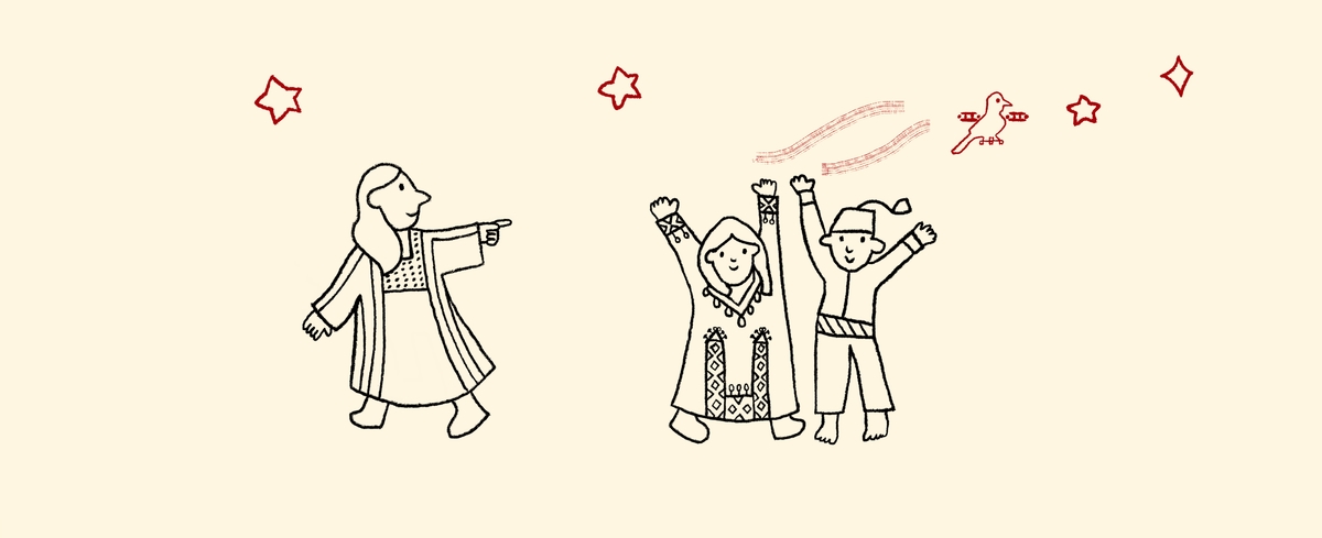 Three cartoon figures in traditional attire, arms raised joyfully, with stars and a flying bird above on a beige background.