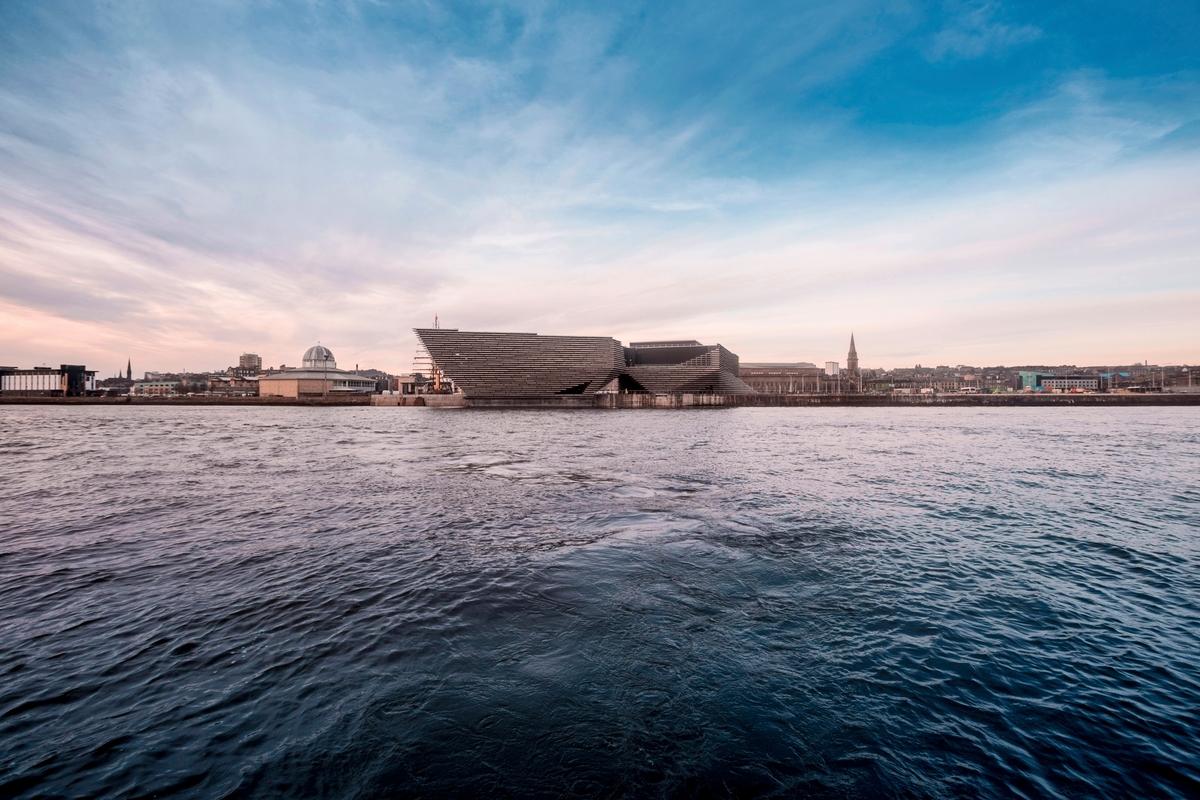 A drone image of V&A Dundee from across the River Tay.