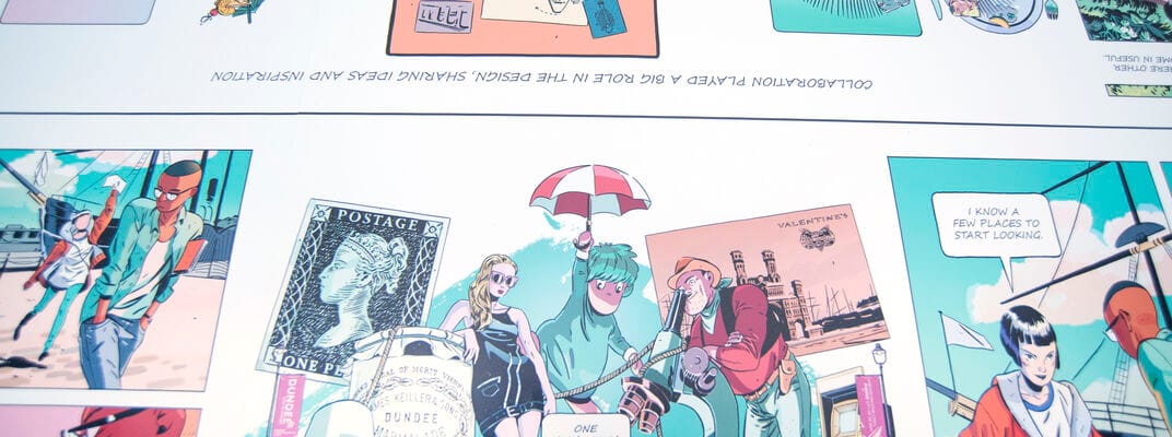 A closely cropped image of a comic depicting a visit to Dundee.  In the centre of the panel is a number of illustrated Dundee icons including a penny black stamp, a girl from Grant Theft Auto, Lemings, Desperate Dan and Keillors Marmalade 
