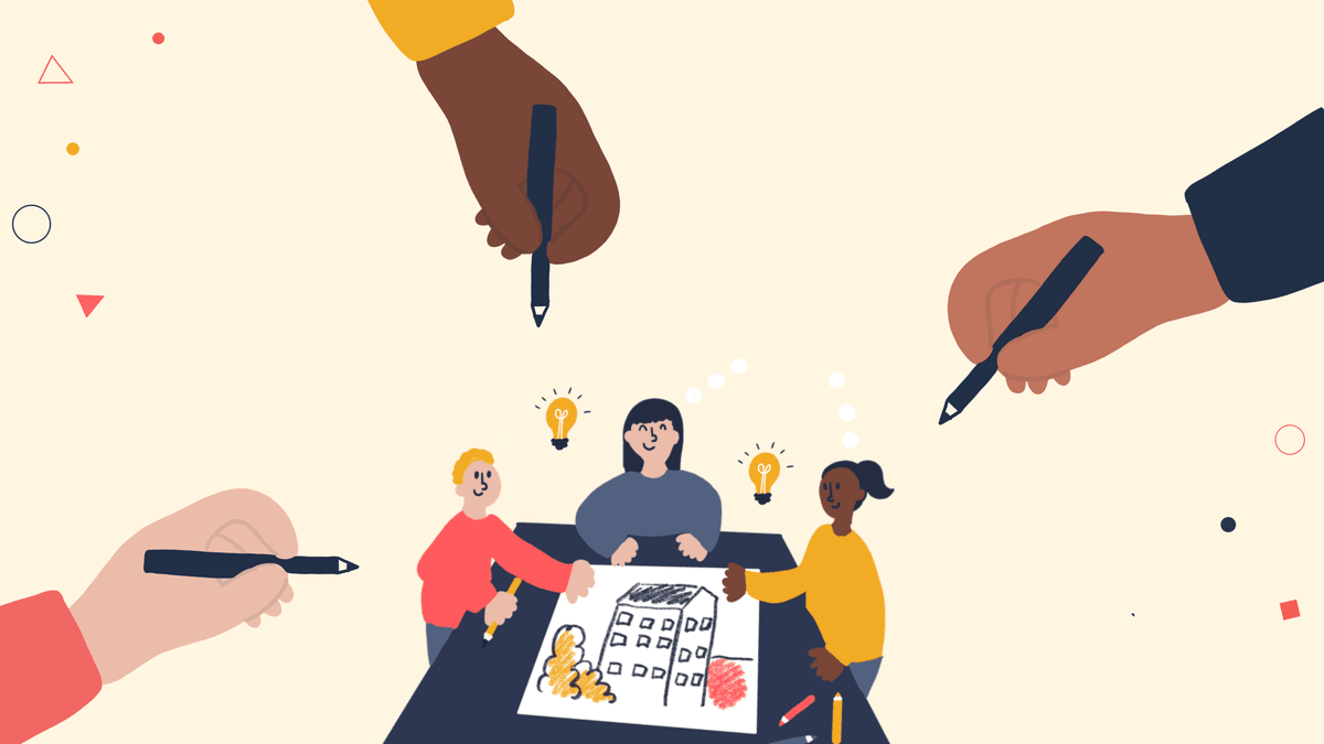 Illustration of three people designing together