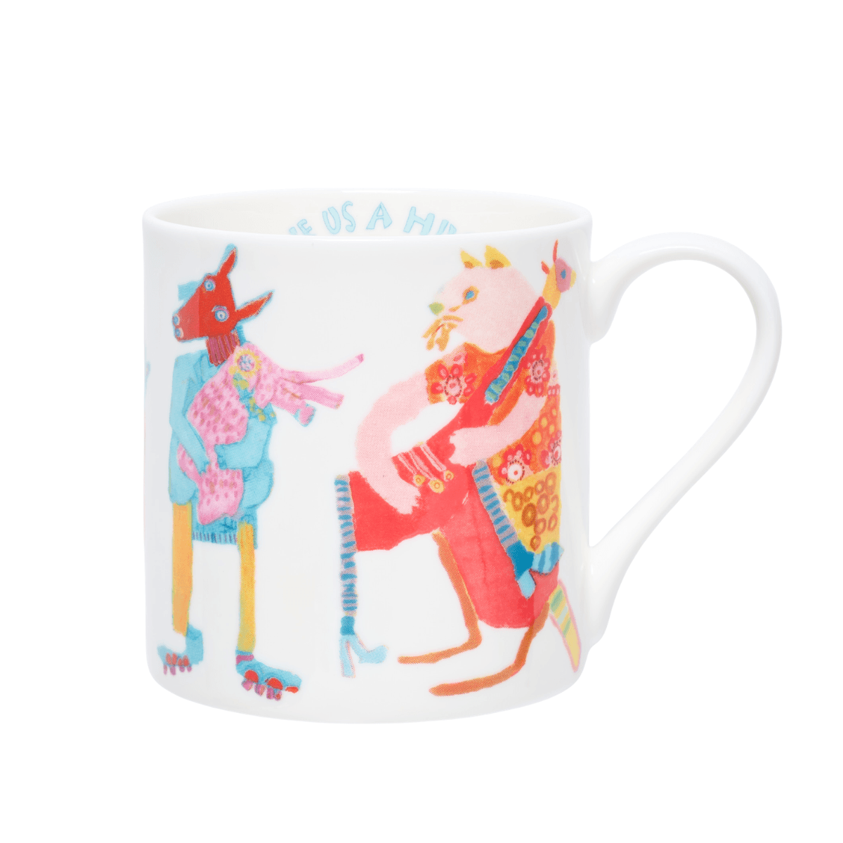 Ceramic mug with colorful abstract animal designs, featuring a horse and a bear playing instruments, on a white background.