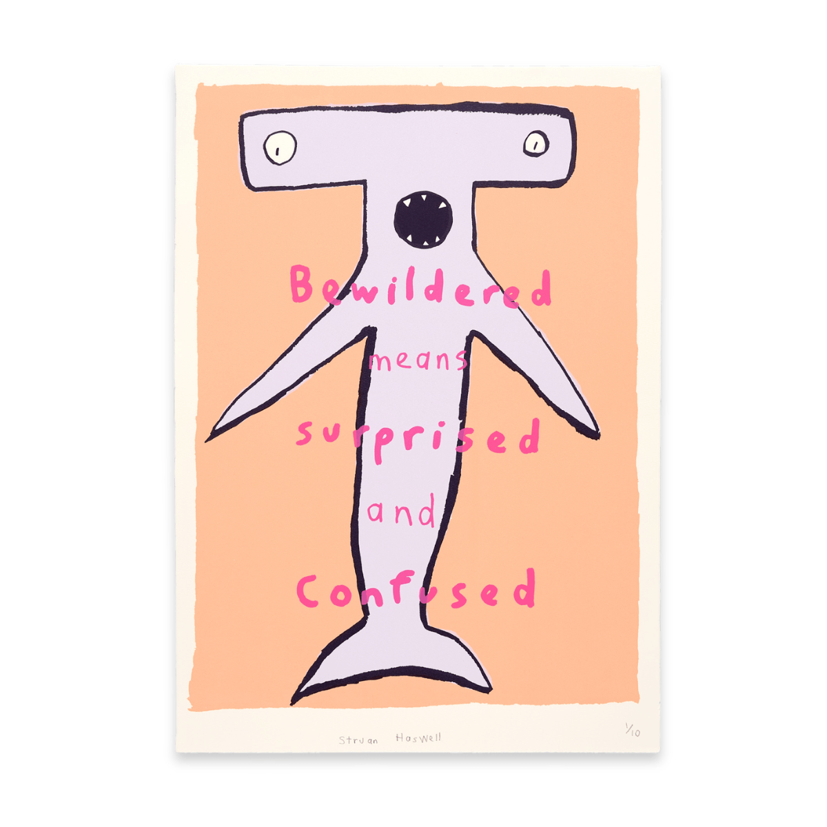 Abstract shark illustration with text: "Bewildered means surprised and confused" in pink on a peach background.