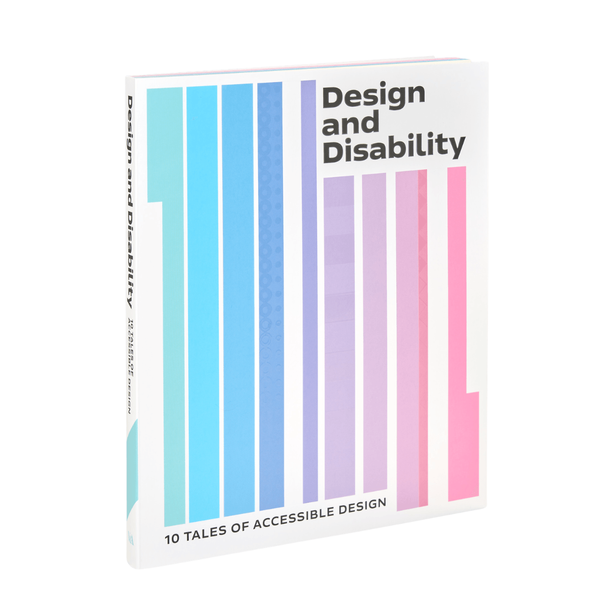 Book cover titled "Design and Disability: 10 Tales of Accessible Design" features colorful vertical bars in blue to pink.
