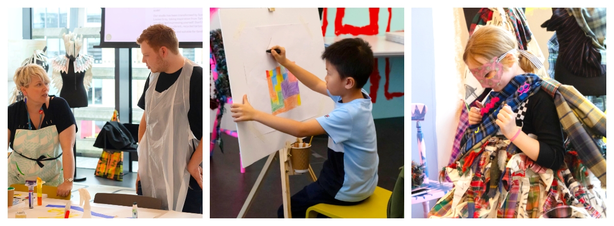 A collection of images of people creating in the studio