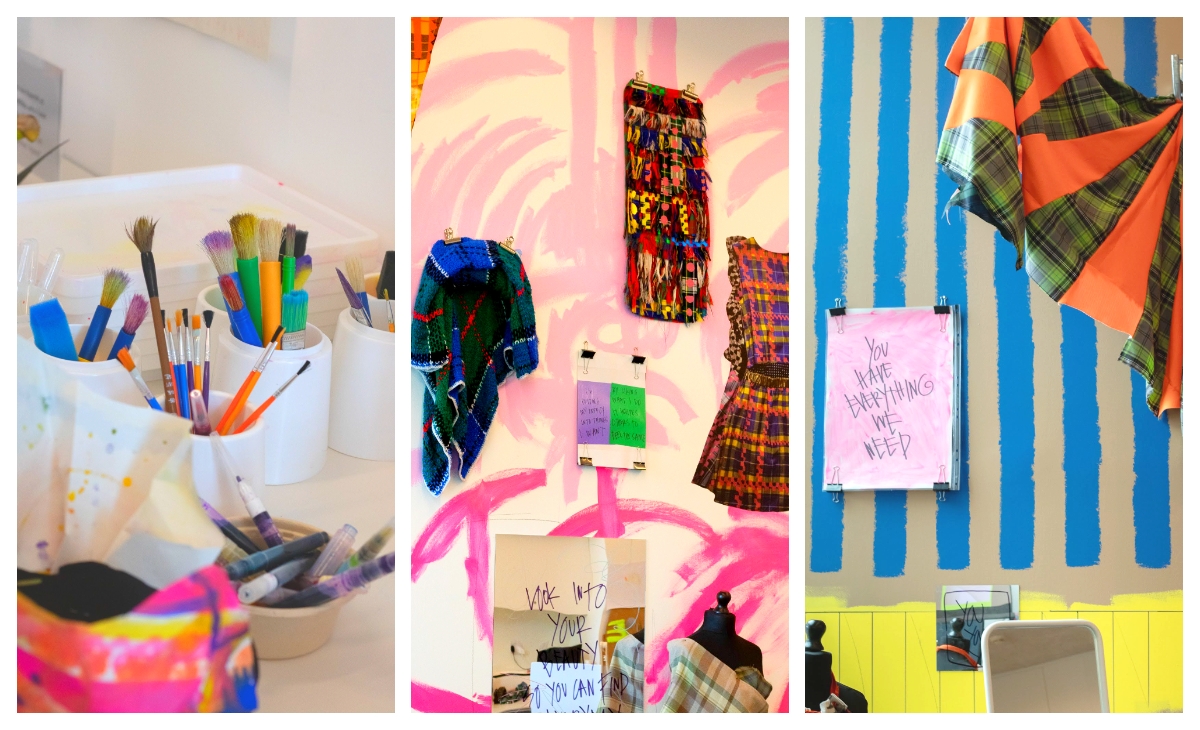 A collection of art and craft studio images showcasing fashion materials and paint brushes