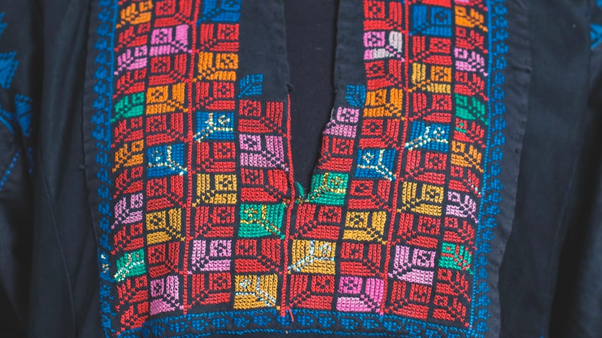 A close up image of a embroidered dress.