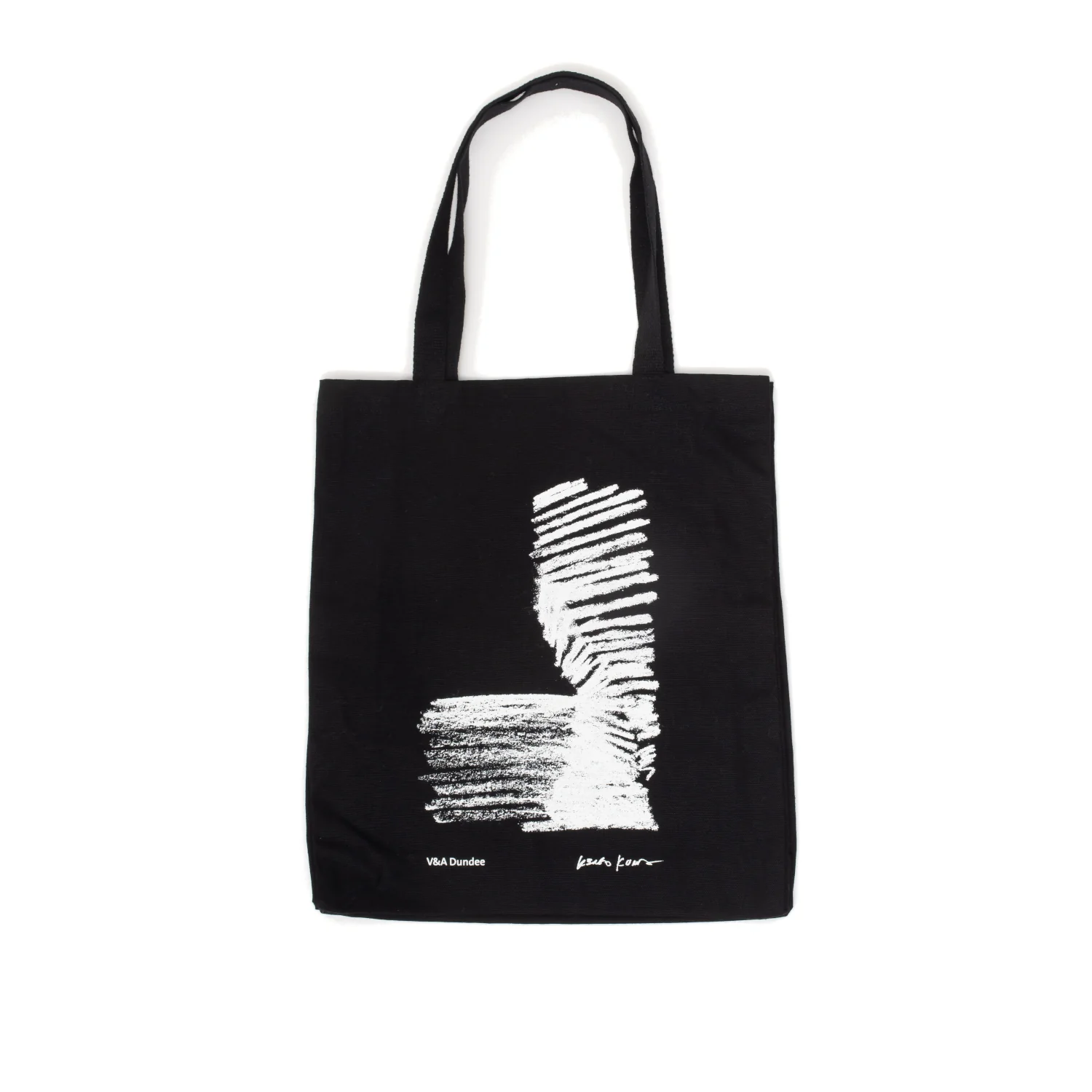 A black tote bag with a white sketch of V&A Dundee building, beneath is text which says 'V&A Dundee' and a signature from architect Kengo Kuma