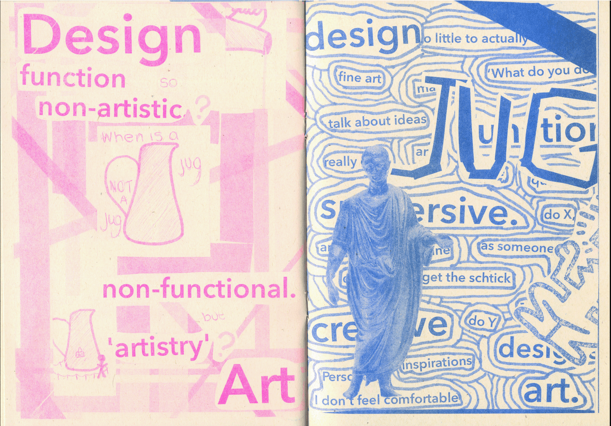 A spread across two pages with pink and blue text and imagery.