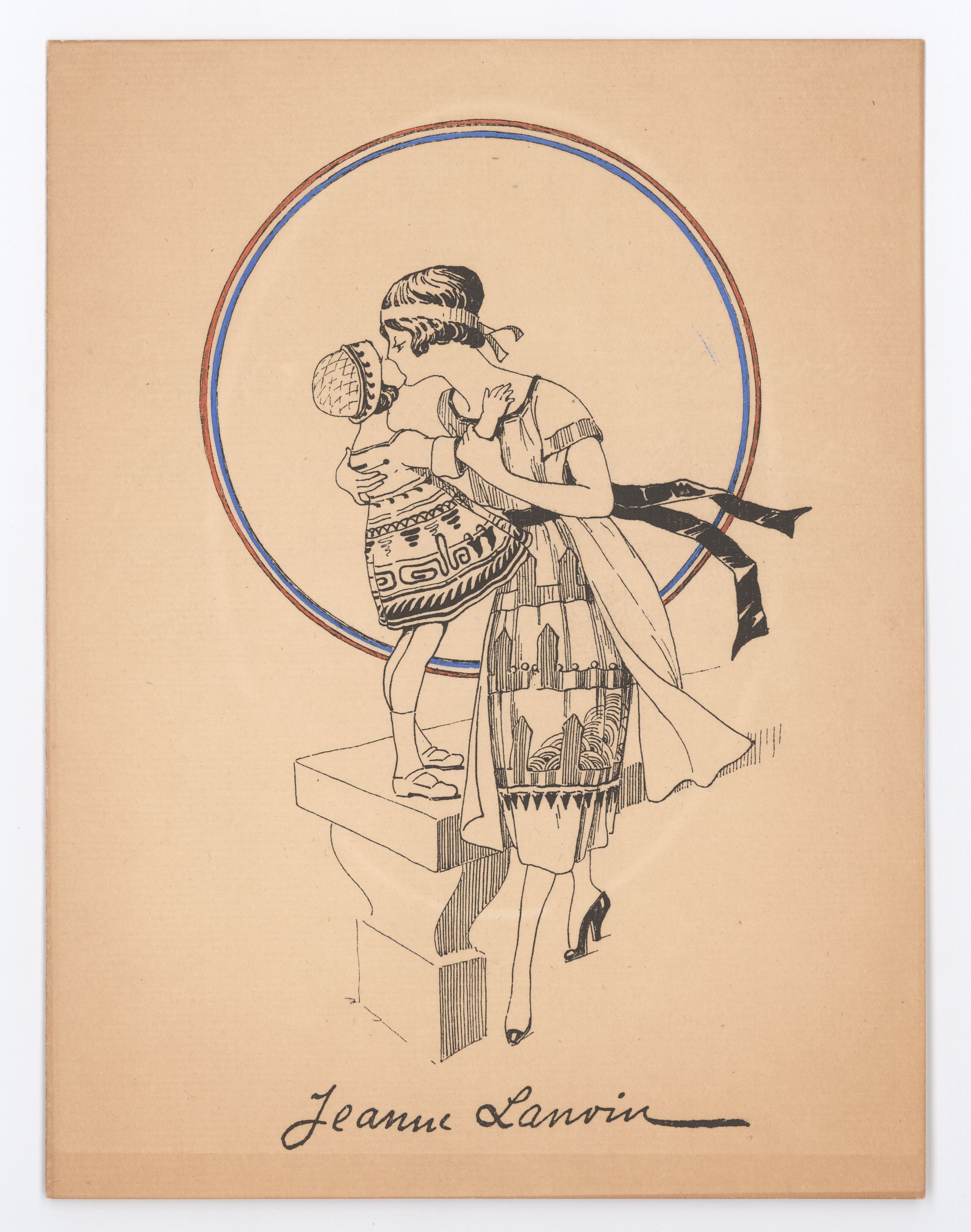 A paper invitation to a fashion show, there is an illustration of a woman and a child embracing.