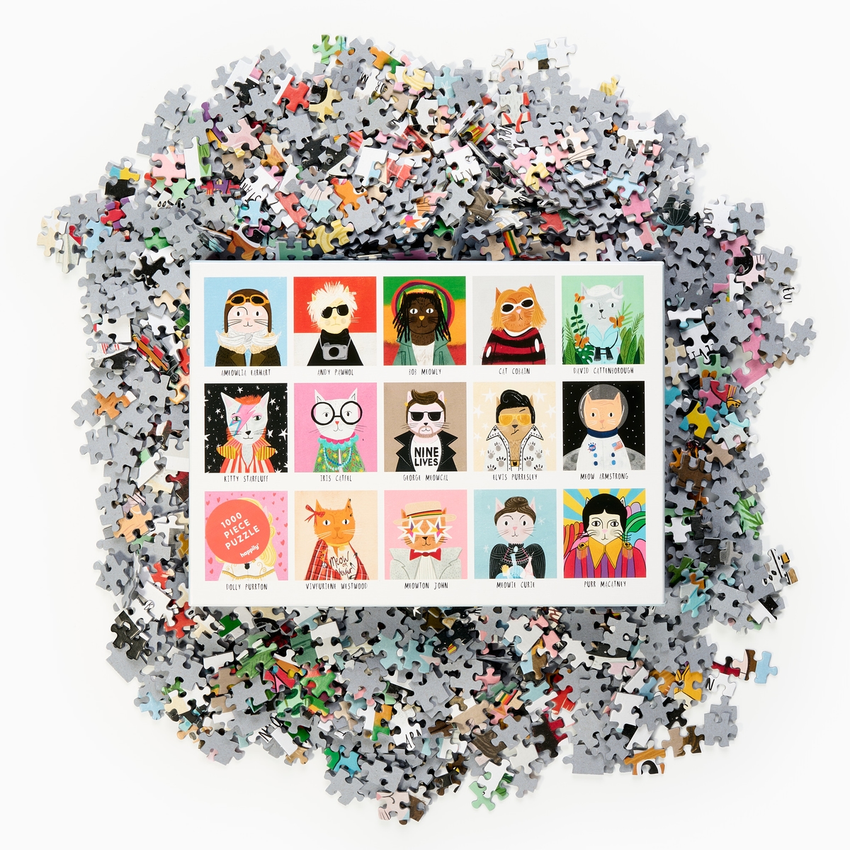 A jigsaw box with lots of cats, placed on top of jigsaw pieces