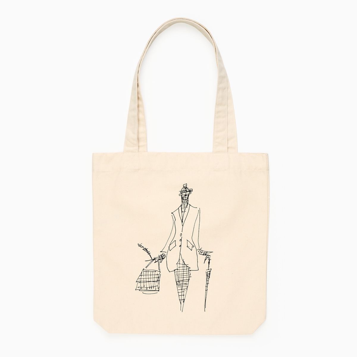 A fabric tote bag with a fashion illustration on it of a person holding a bag and umbrella