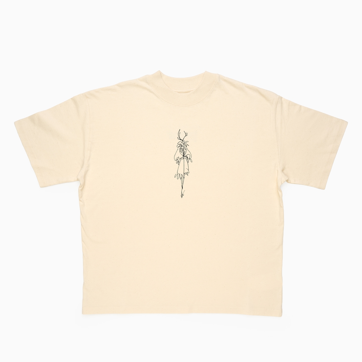 An oatmeal coloured t-shirt which has a fashion illustration in black of a person wearing a large jacket.