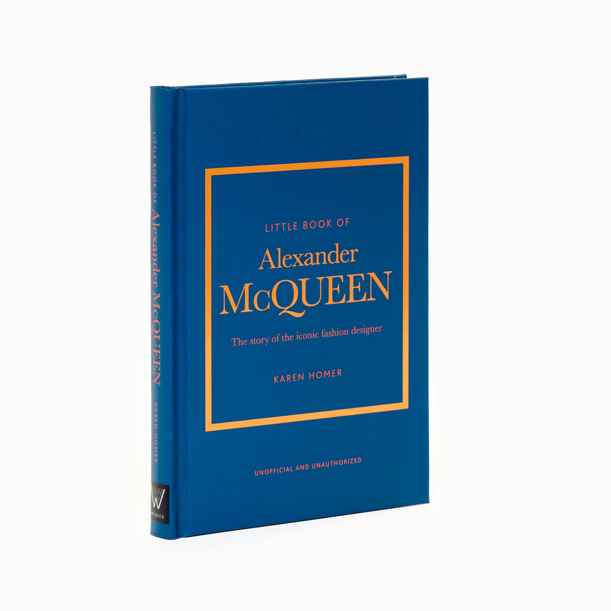 A blue book titled 'The Little Book of Alexander McQueen by Karen Homer'