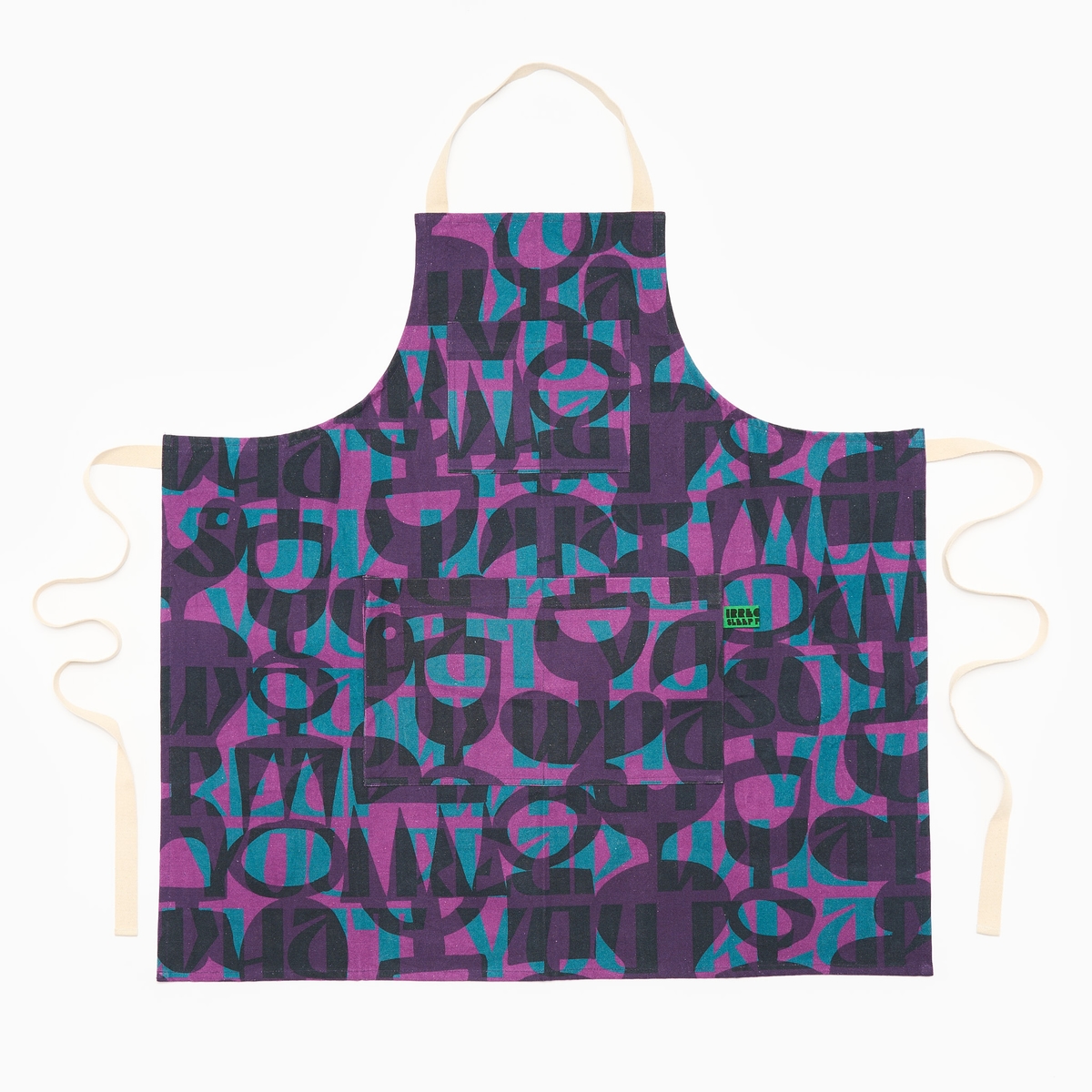 A purple and blue apron with bold shapes.