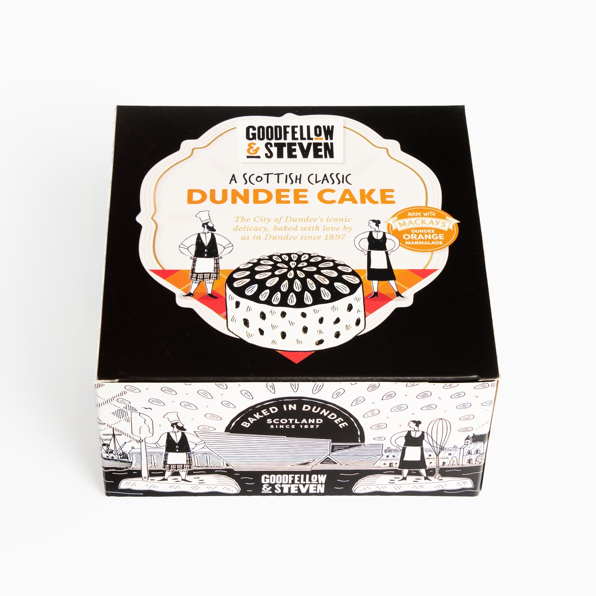 A box which says 'Goodfellow and Steven Dundee Cake'