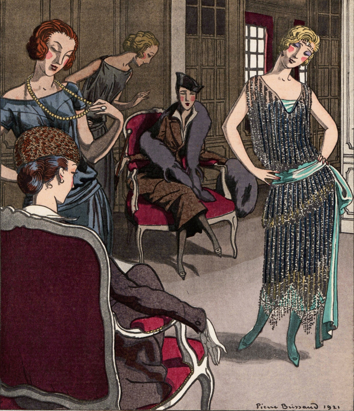 An illustration of woman seated and posing wearing dresses.