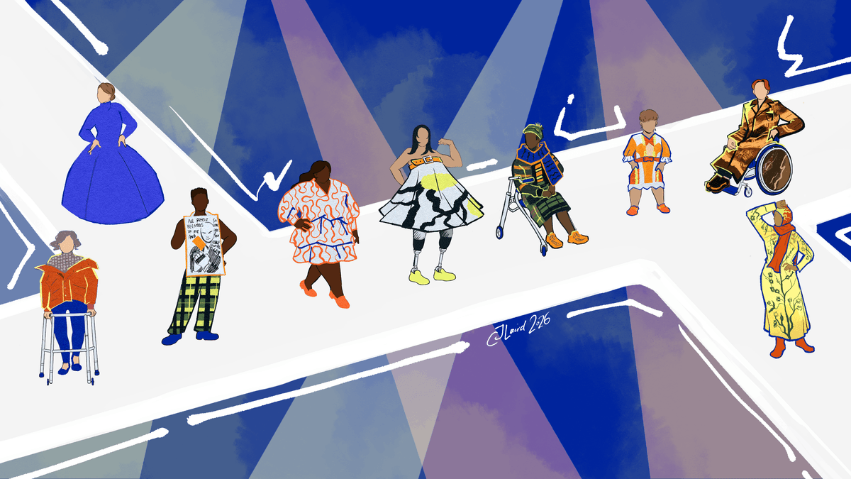 Diverse individuals in unique, colorful fashion on a geometric background, each using different mobility aids or featuring various styles.