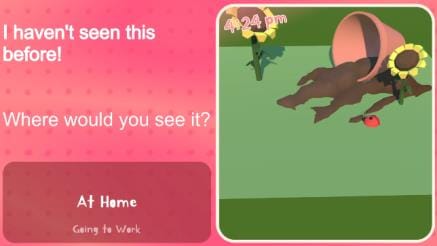 A digital scene with a toppled plant pot, sunflowers, and a ladybird. Text: "I haven't seen this before! Where would you see it? At Home/Going to Work."