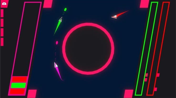 Colourful geometric shapes orbit a central pink-outlined circle on a dark background, with bright neon bars flanking either side.