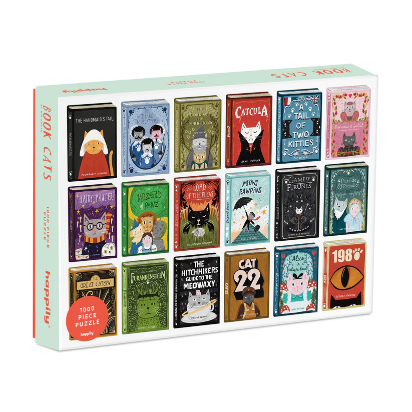 A jigsaw box detailed with lots of classic books which have been replaced with cats