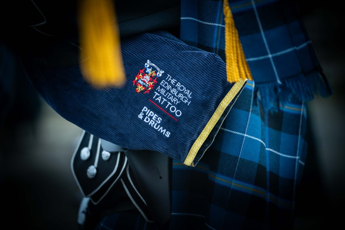 A set of bagpipes with The Royal Edinburgh Military Tattoo embroidered on them