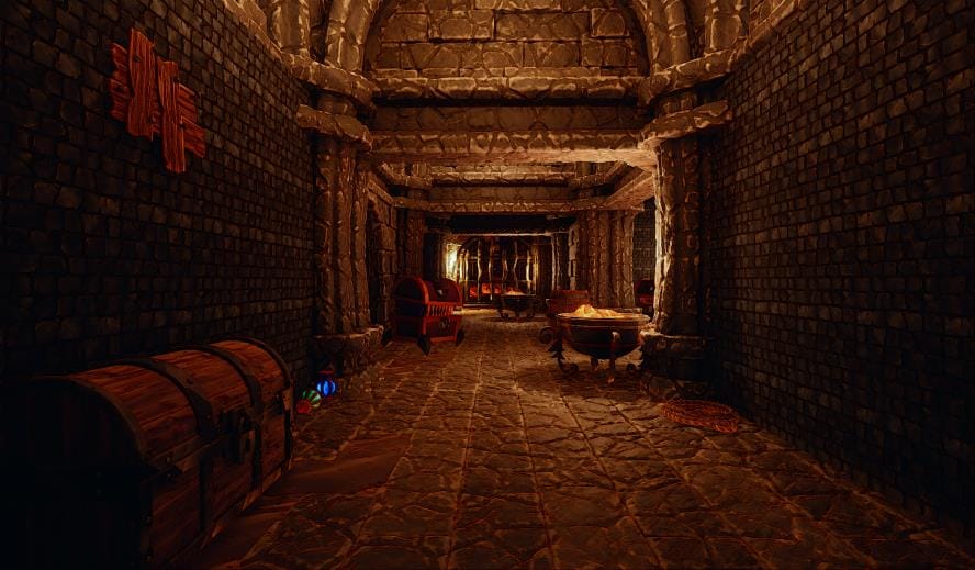 Dimly lit stone corridor with arched ceiling, wooden chests, a table, and glowing objects, evoking a medieval or fantasy ambiance.
