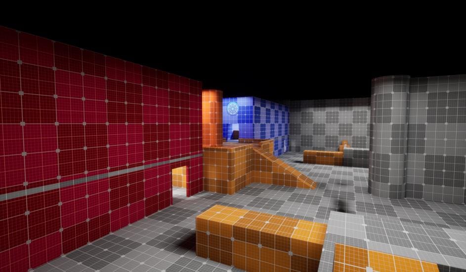 Abstract 3D structure with colourful tiled walls in red, blue, orange, and gray; features ramps, platforms, and a central chair.